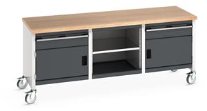 Bott Cubio Mobile Storage Workbench 2000mm wide x 750mm Deep x 840mm high supplied with a Multiplex (layered beech ply) worktop,2 x 150mm high drawers, 2 x 350mm high integral storage cupboards and 1 x mid section with full depth adjustable mid shelf.... 2000mm Wide Storage Benches